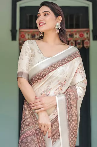 Cream printed art silk designer pallu saree