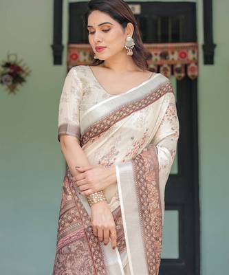 Cream printed art silk designer pallu saree 5