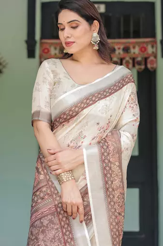 Cream printed art silk designer pallu saree