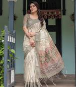 Cream printed art silk designer pallu saree