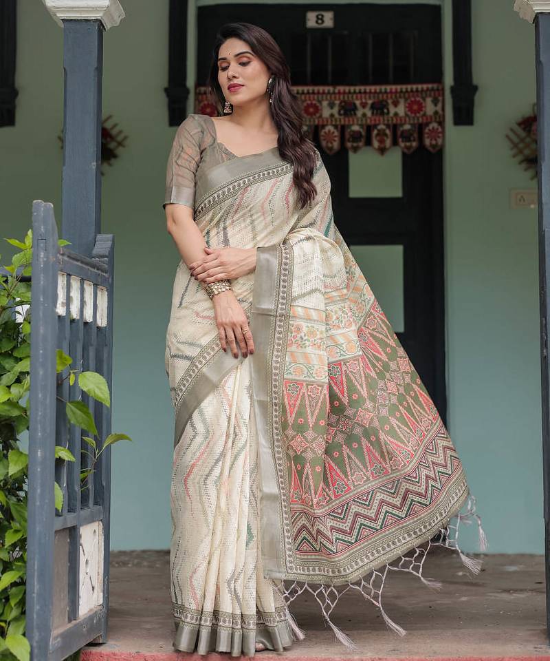 Cream printed art silk designer pallu saree