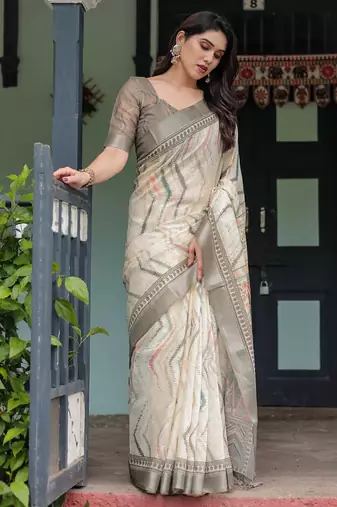 Cream printed art silk designer pallu saree