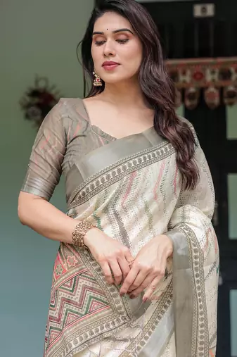 Cream printed art silk designer pallu saree