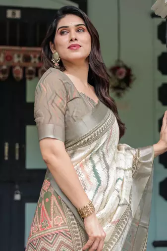 Cream printed art silk designer pallu saree