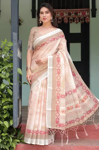 Cream printed art silk designer pallu saree