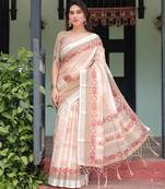 Cream printed art silk designer pallu saree