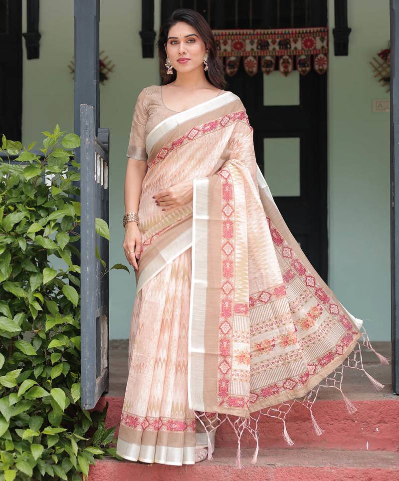 Cream printed art silk designer pallu saree