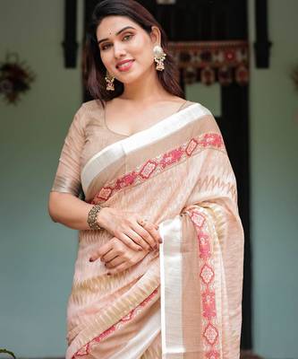 Cream printed art silk designer pallu saree 4