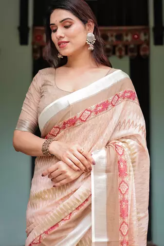 Cream printed art silk designer pallu saree
