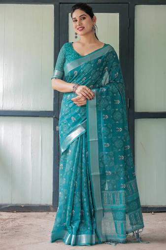 Teal printed art silk designer pallu saree