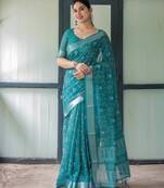 Teal printed art silk designer pallu saree