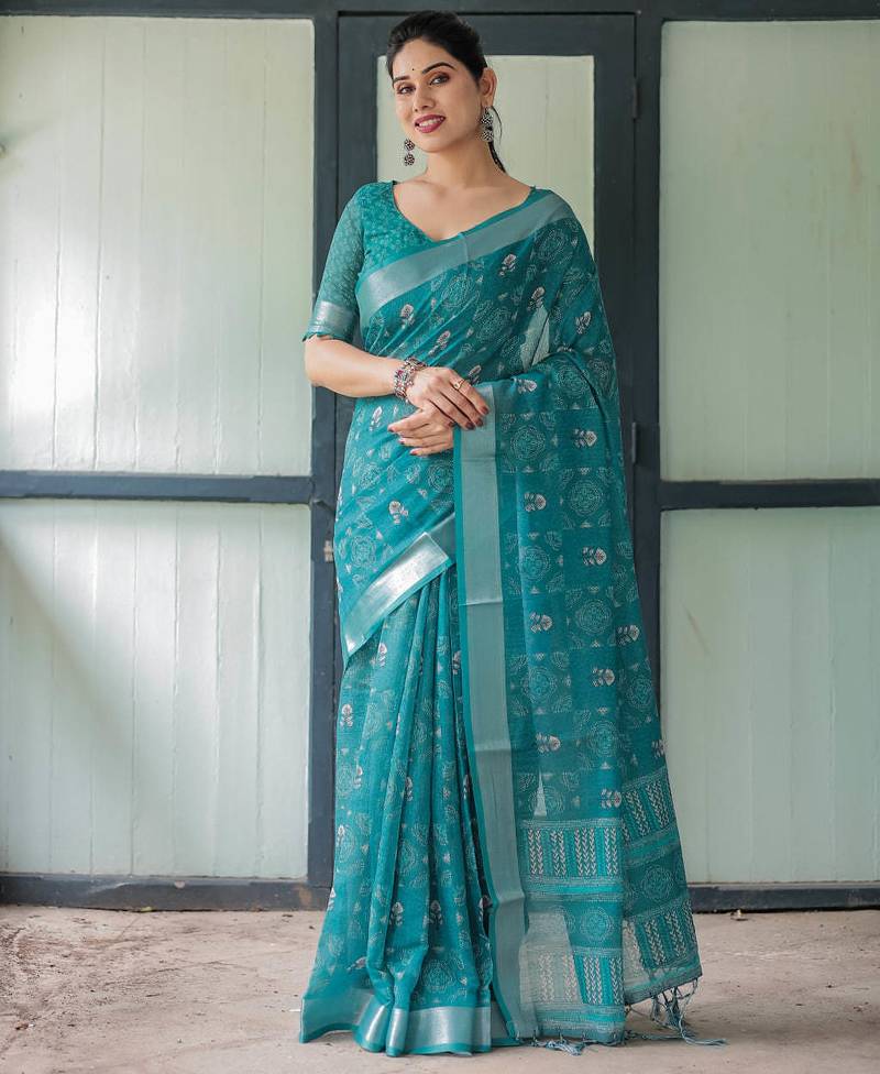 Teal printed art silk designer pallu saree