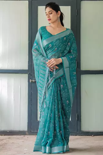 Teal printed art silk designer pallu saree