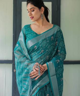 Teal printed art silk designer pallu saree 4