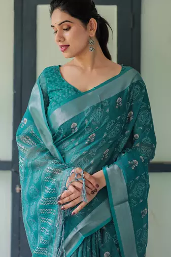Teal printed art silk designer pallu saree