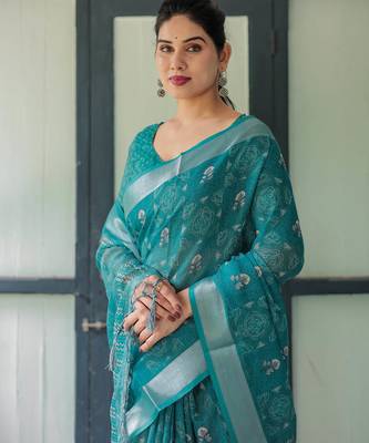 Teal printed art silk designer pallu saree 5
