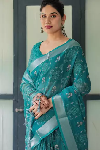 Teal printed art silk designer pallu saree