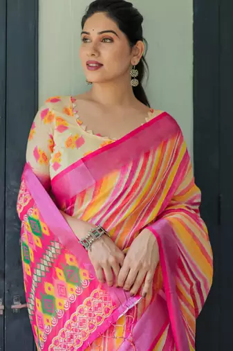 Multicolor printed art silk designer pallu saree
