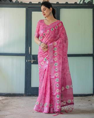Pink printed art silk designer pallu saree 2
