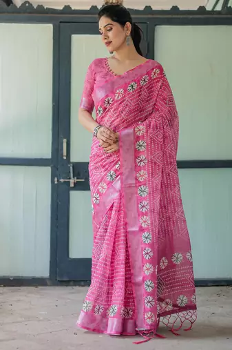 Pink printed art silk designer pallu saree
