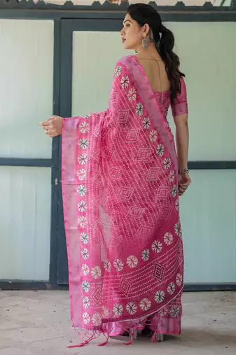 Pink printed art silk designer pallu saree