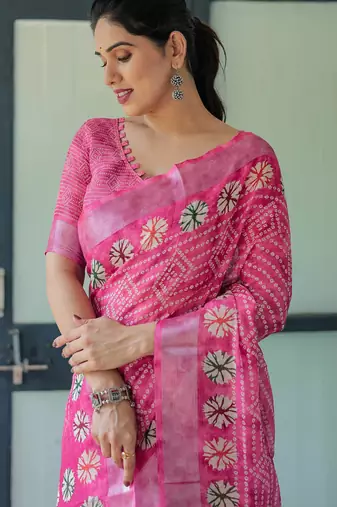 Pink printed art silk designer pallu saree