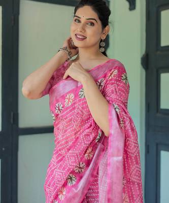 Pink printed art silk designer pallu saree 5