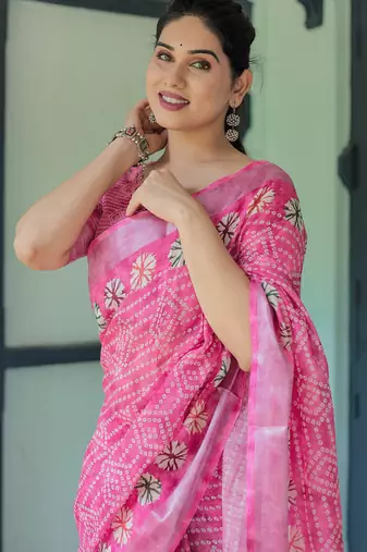 Pink printed art silk designer pallu saree