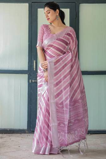 Onion pink printed art silk designer pallu saree