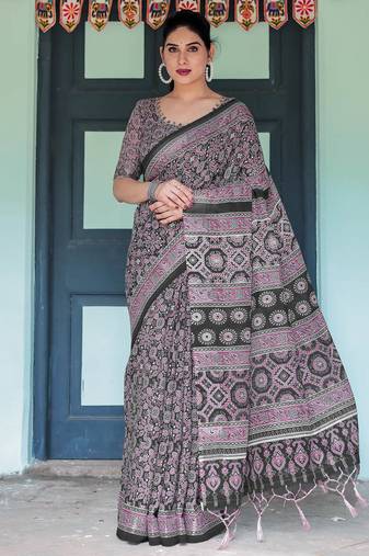 Black printed art silk designer pallu saree