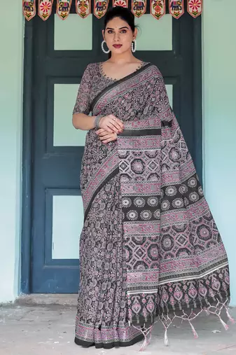 Black printed art silk designer pallu saree