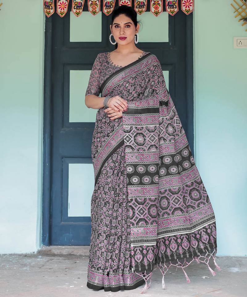 Black printed art silk designer pallu saree