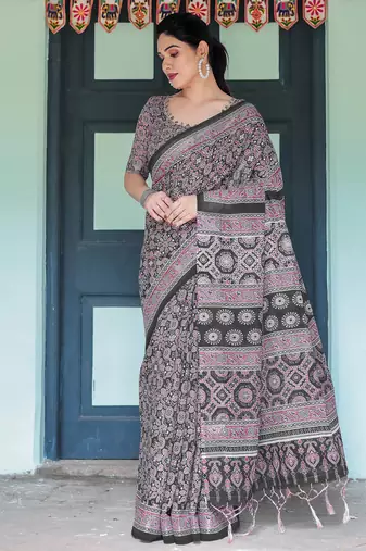 Black printed art silk designer pallu saree