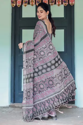 Black printed art silk designer pallu saree
