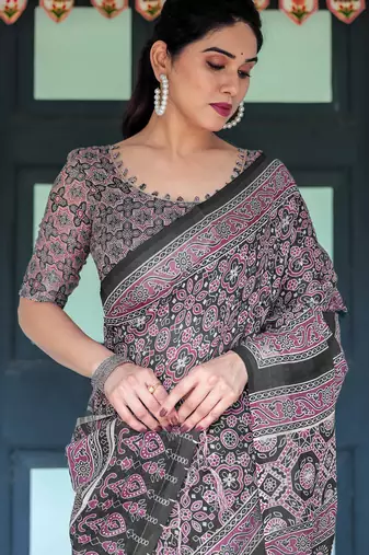 Black printed art silk designer pallu saree
