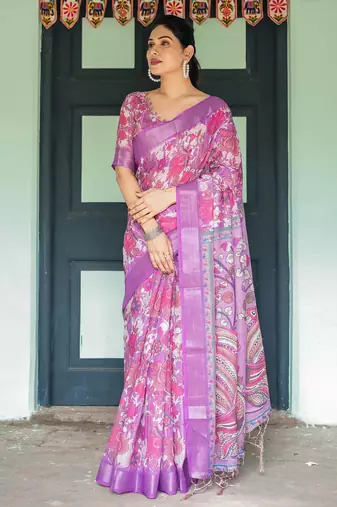 Purple printed art silk designer pallu saree