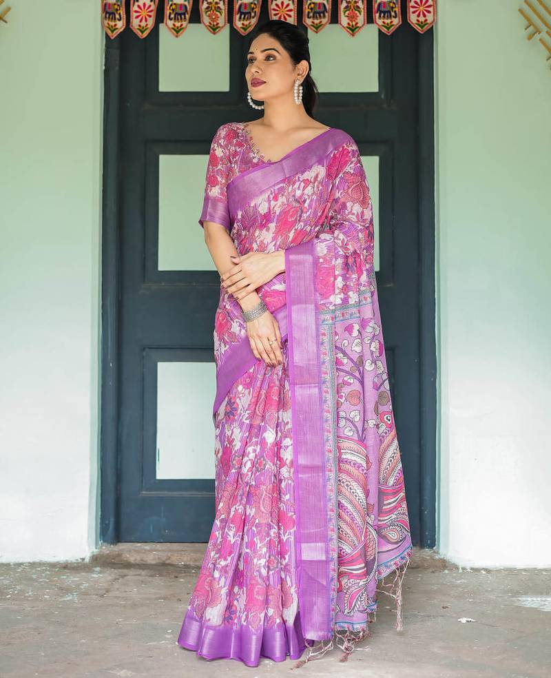 Purple printed art silk designer pallu saree