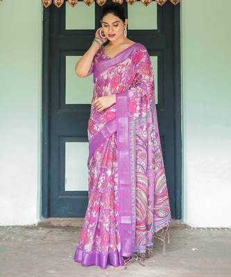 Purple printed art silk designer pallu saree 2