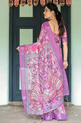 Purple printed art silk designer pallu saree
