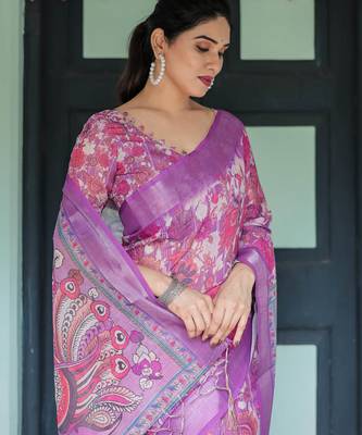 Purple printed art silk designer pallu saree 4
