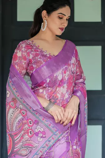 Purple printed art silk designer pallu saree