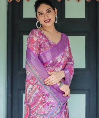 Purple printed art silk designer pallu saree 5
