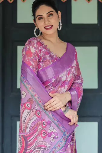 Purple printed art silk designer pallu saree