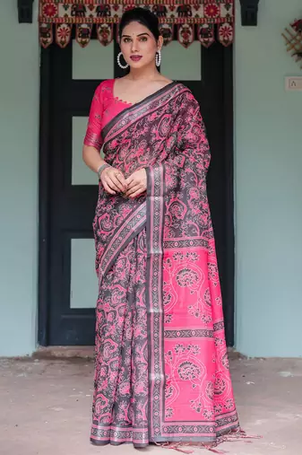 Black printed art silk designer pallu saree