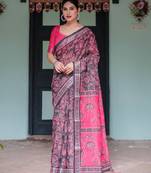 Black printed art silk designer pallu saree