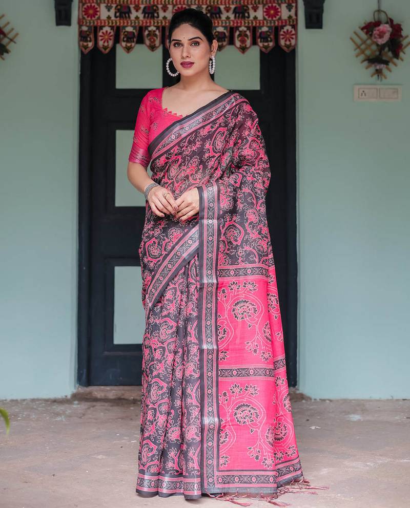 Black printed art silk designer pallu saree