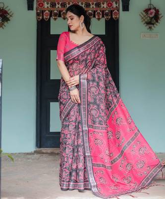 Black printed art silk designer pallu saree 2