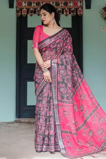 Black printed art silk designer pallu saree