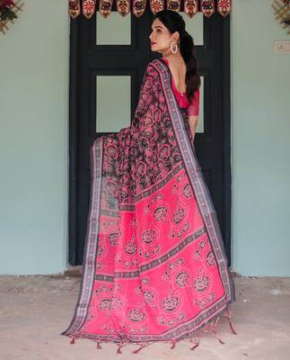 Black printed art silk designer pallu saree 3