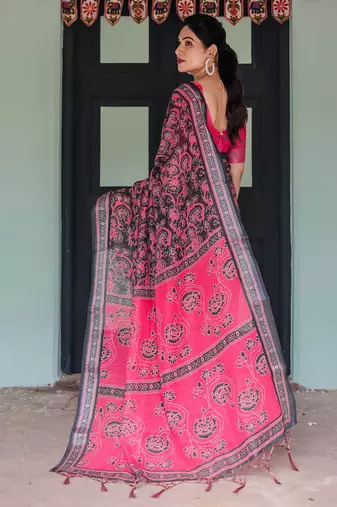 Black printed art silk designer pallu saree